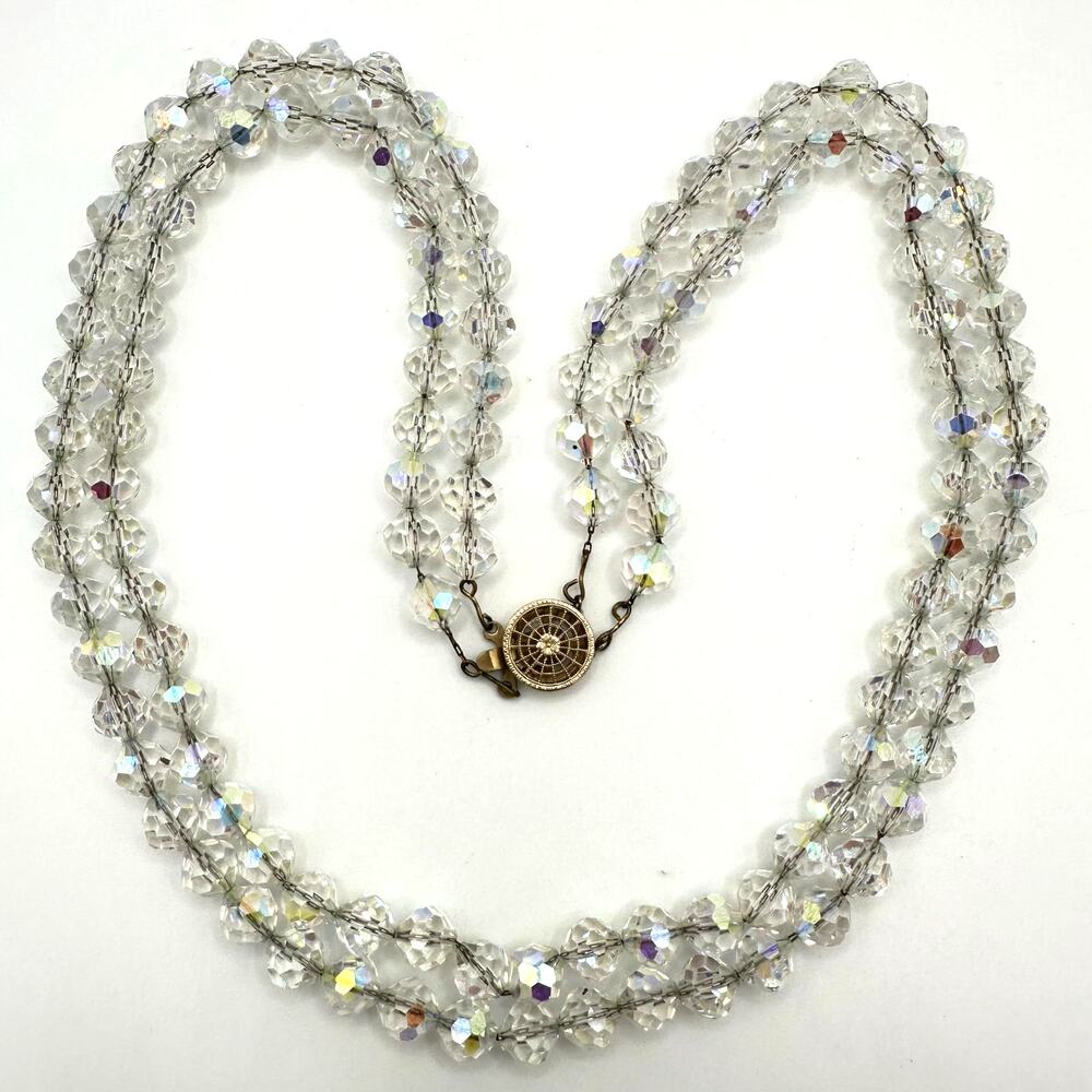 Vintage 2 double strand clear faceted glass aurora borealis AB beaded necklace